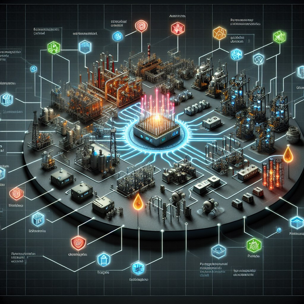 Isometric illustration of an industrial plant, each zone linked by a network to its own security control